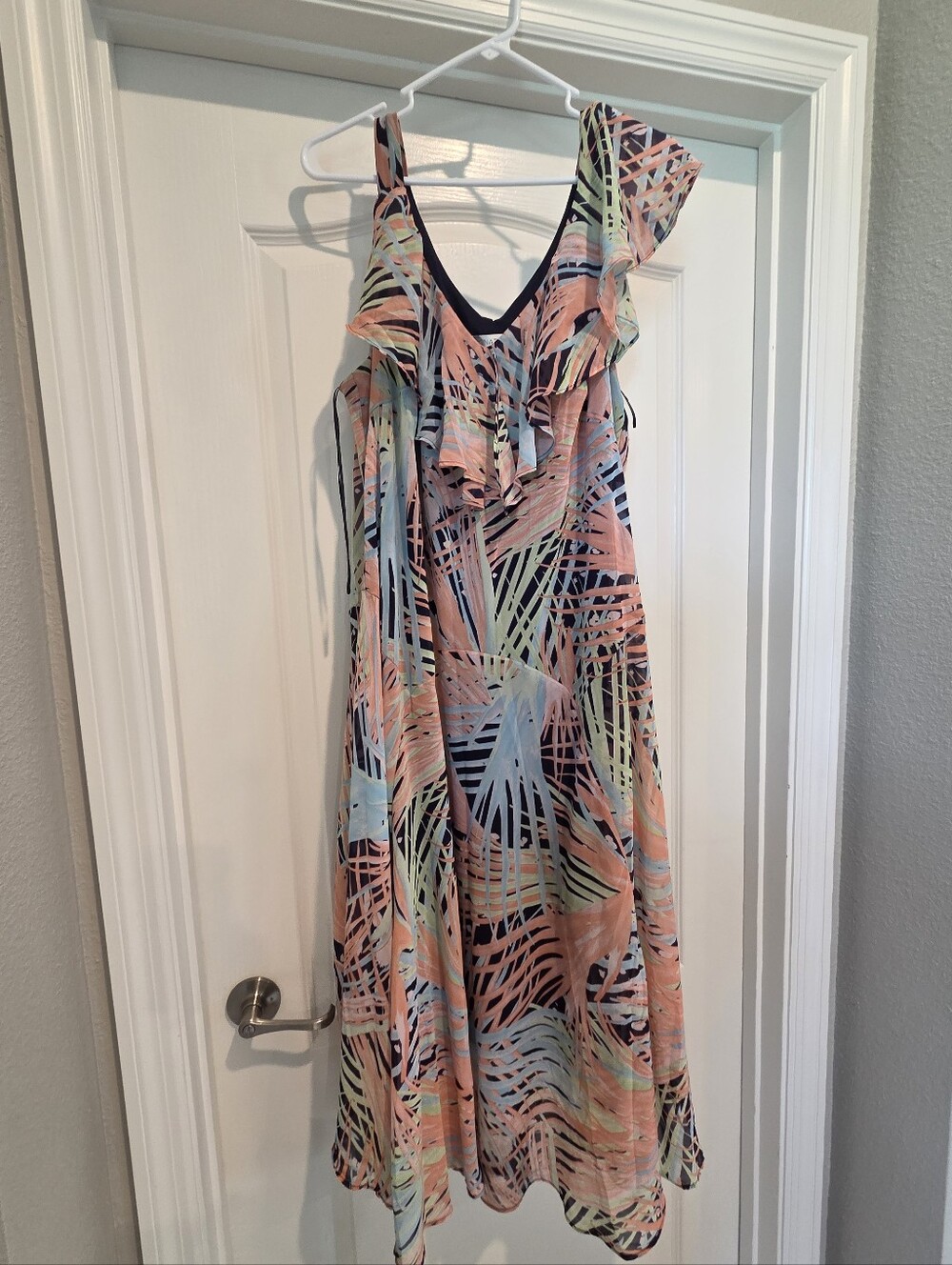 Signature by Robbie Bee 16W Tropical Palm Print Ruffle Asymmetrical Dress